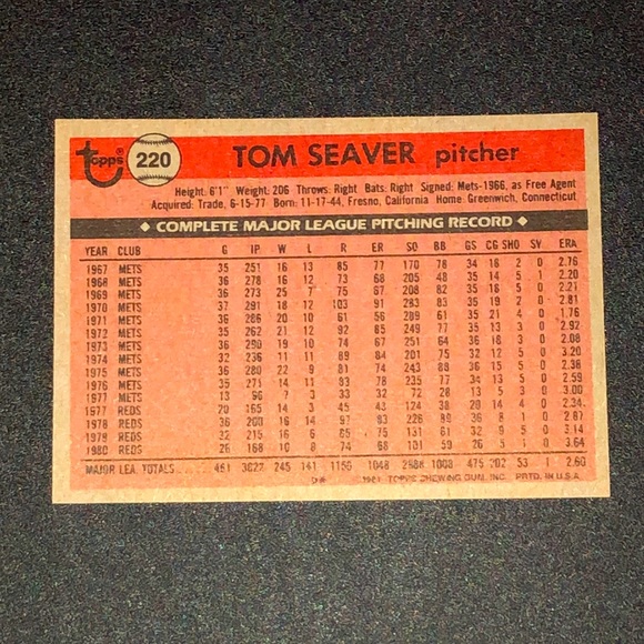 1981 Topps #220 Tom Seaver *NM - Mint Condition* - Picture 2 of 6